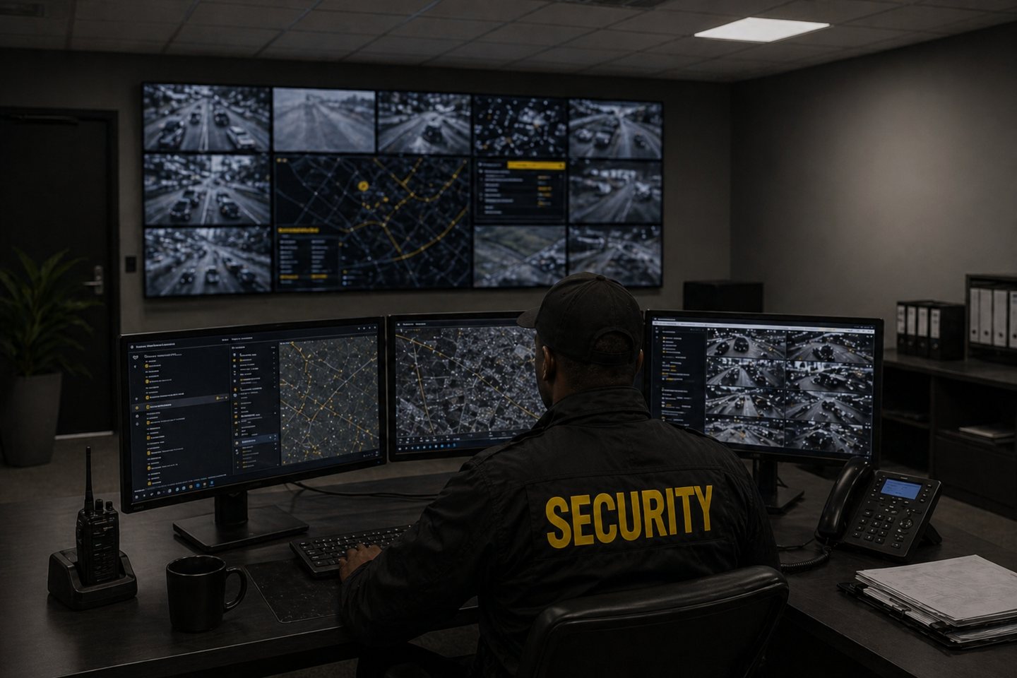 Security officer monitoring CCTV surveillance systems